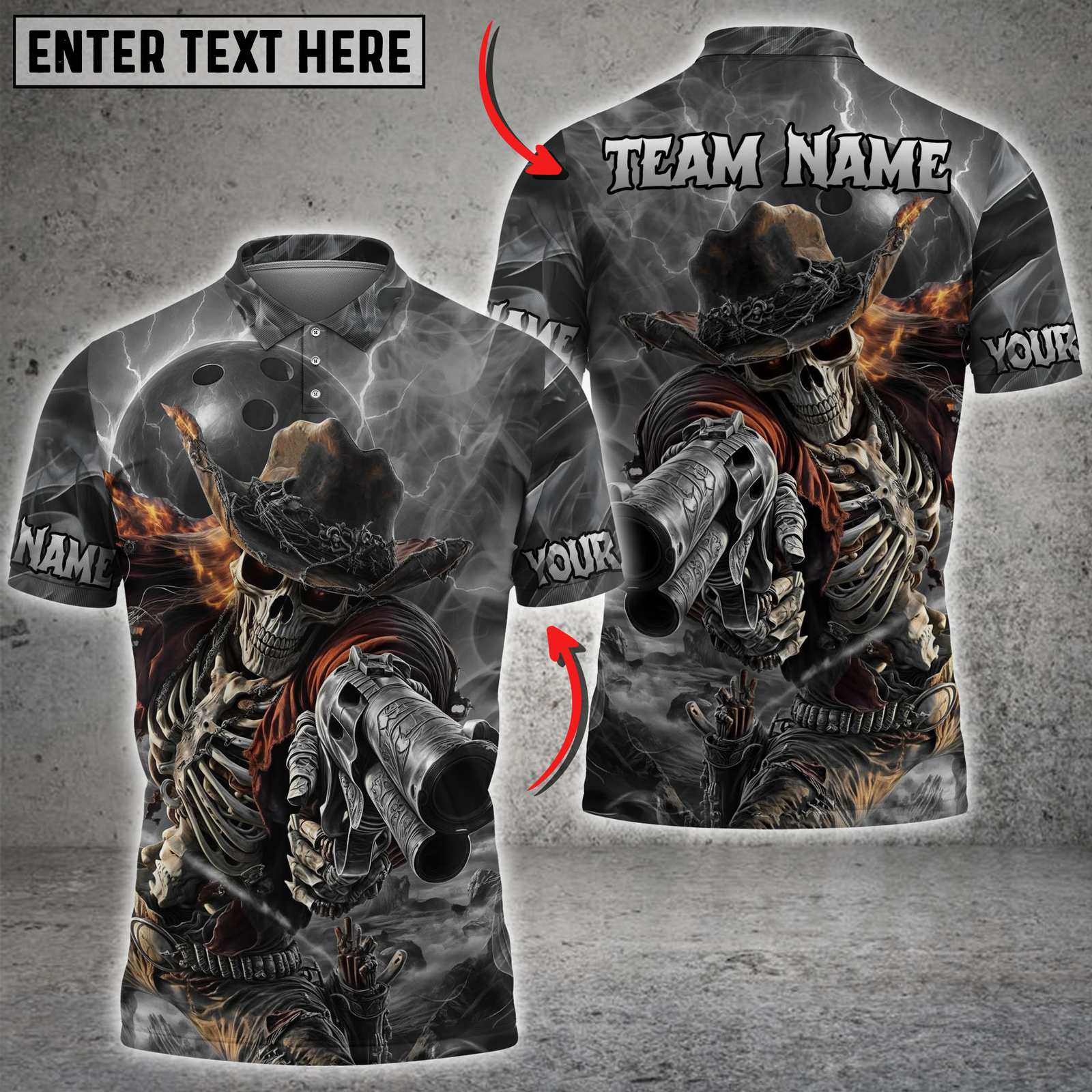 Blisscorners Bowling Skeleton Cowboy Gun Multicolor Customized Name, Team Name 3D Shirts