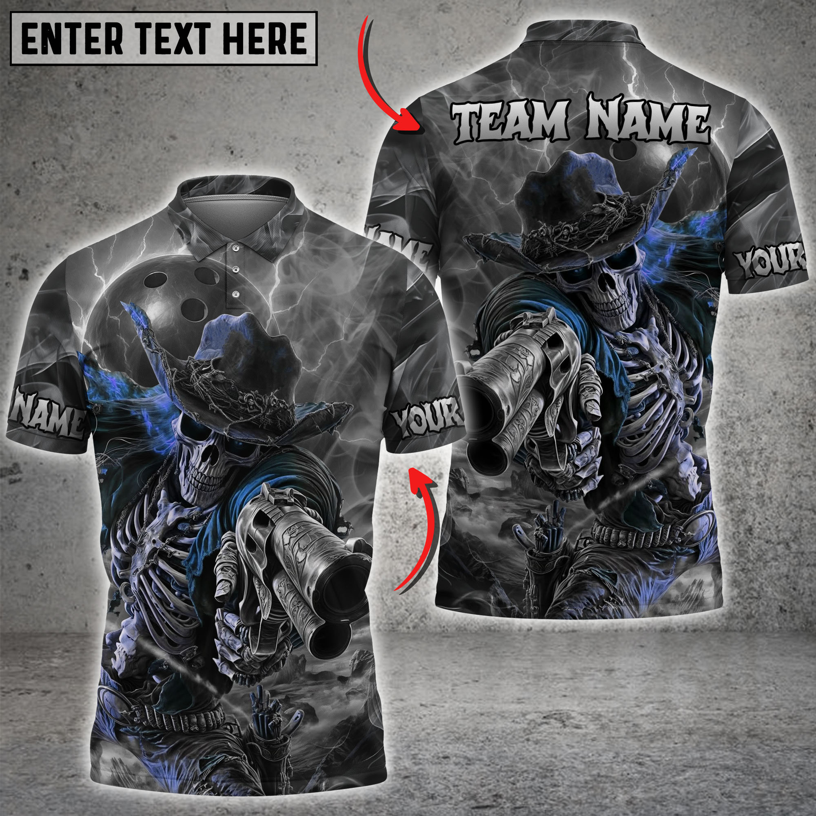 Blisscorners Bowling Skeleton Cowboy Gun Multicolor Customized Name, Team Name 3D Shirts