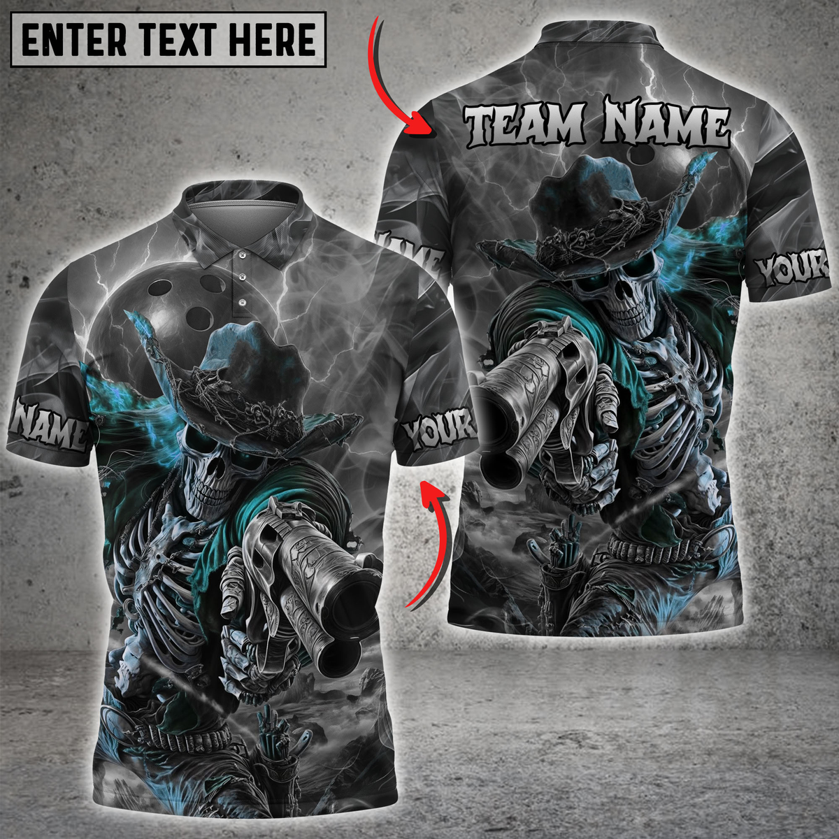 Blisscorners Bowling Skeleton Cowboy Gun Multicolor Customized Name, Team Name 3D Shirts