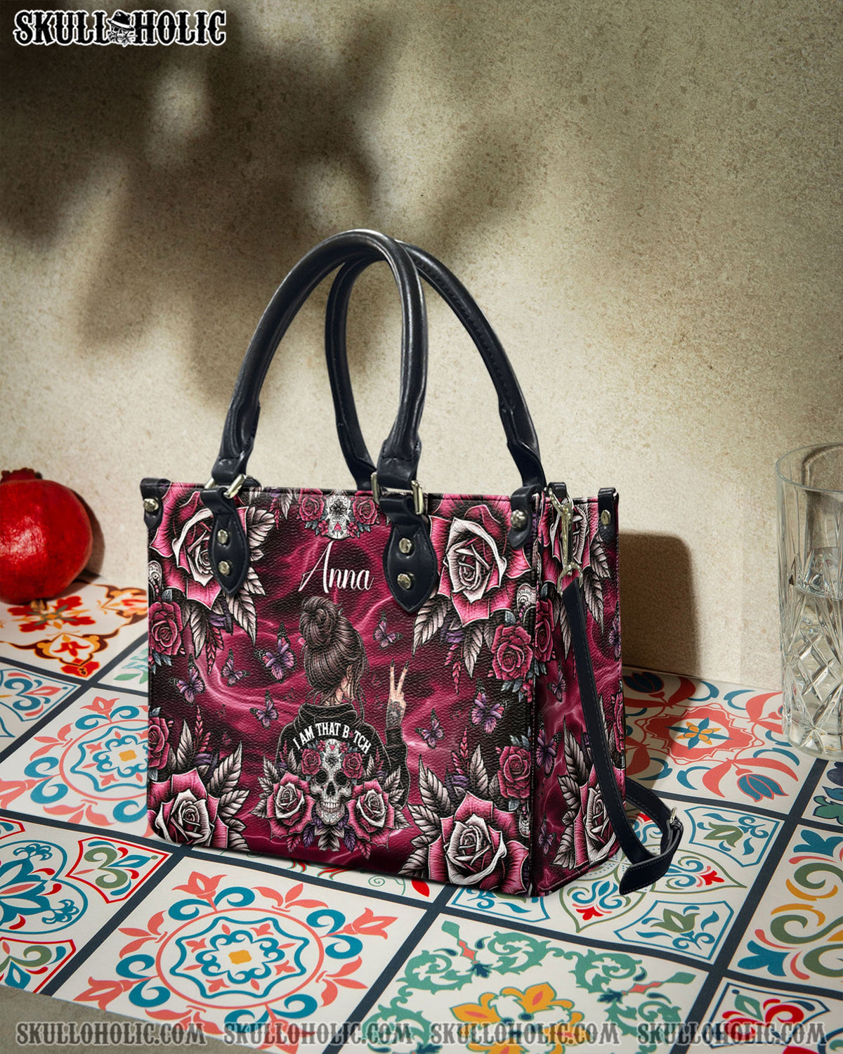 BLISSCORNERS PERSONALIZED I AM THAT B MESSY BUN SKULL LEATHER HANDBAG