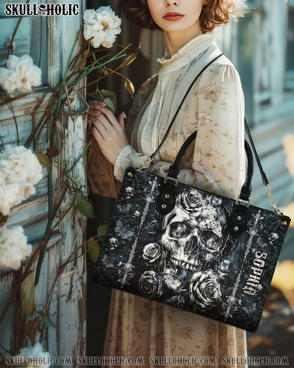 BLISSCORNERS PERSONALIZED SKULL ROSE LEATHER HANDBAG