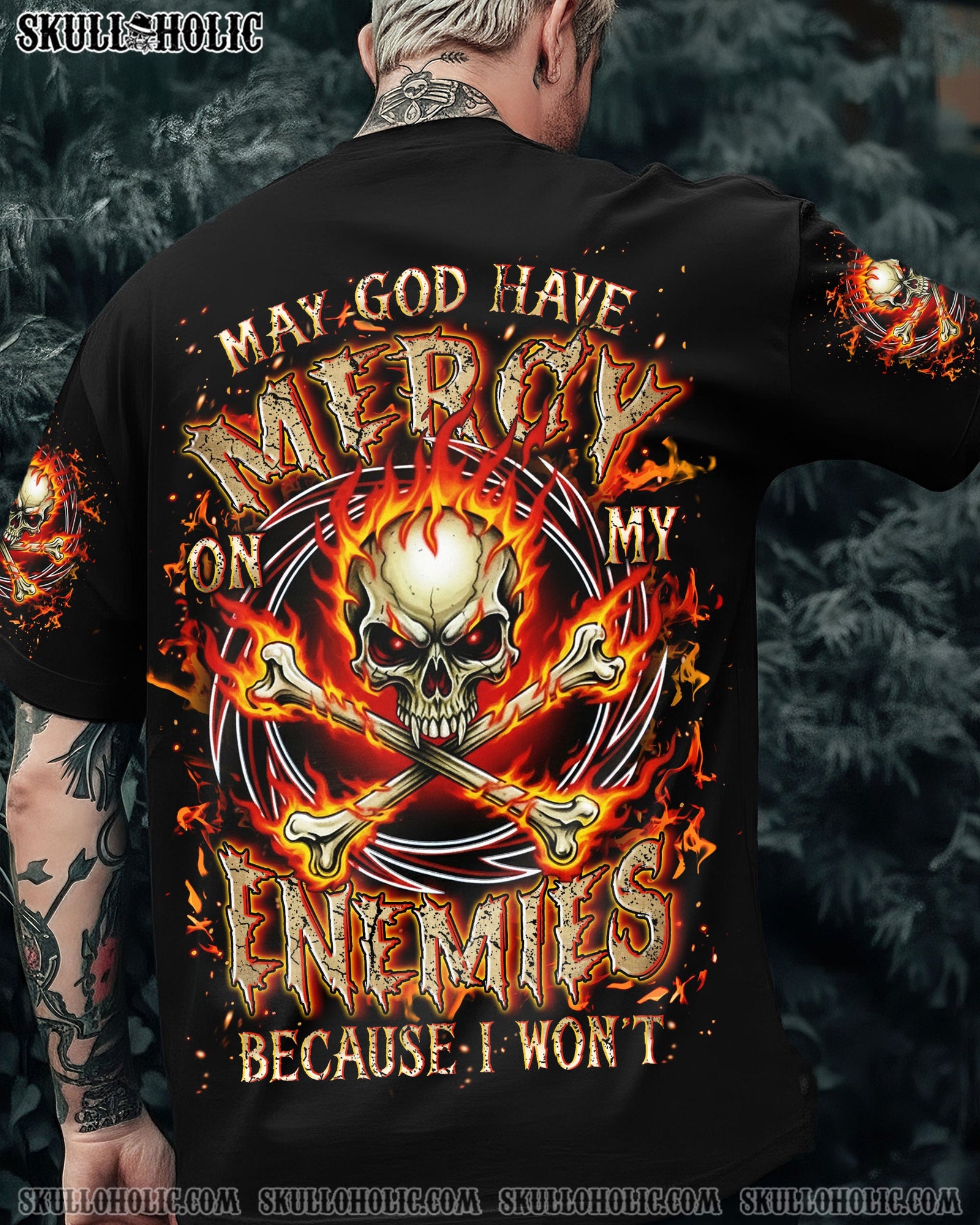 BLISSCORNERS MAY GOD HAVE MERCY ON MY ENEMIES FIRE SKULL ALL OVER PRINT