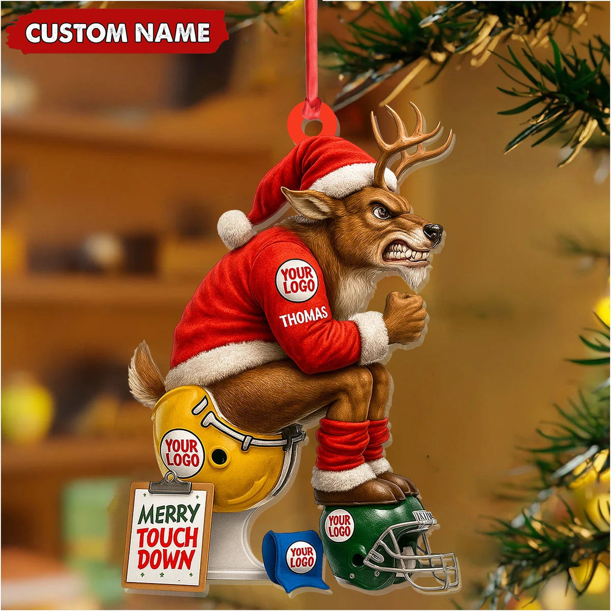 Blisscorners Personalized Football Christmas Ornament, Custom Reindeer Santa Touchdown Decoration, Funny Custom Name Team Logo Gift MT2411