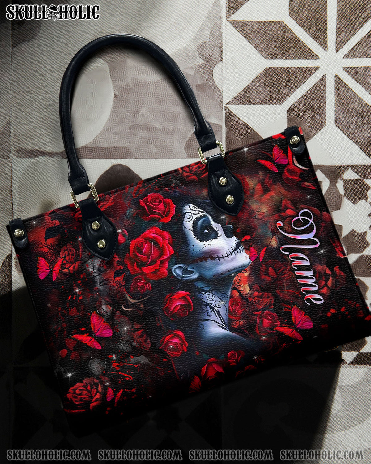 BLISSCORNERS SKULL LADY RED ROSE LEATHER HANDBAG