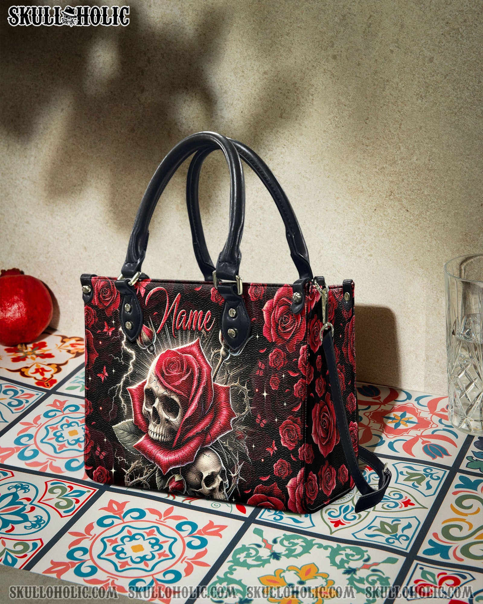 BLISSCORNERS SKULL ROSE LEATHER HANDBAG