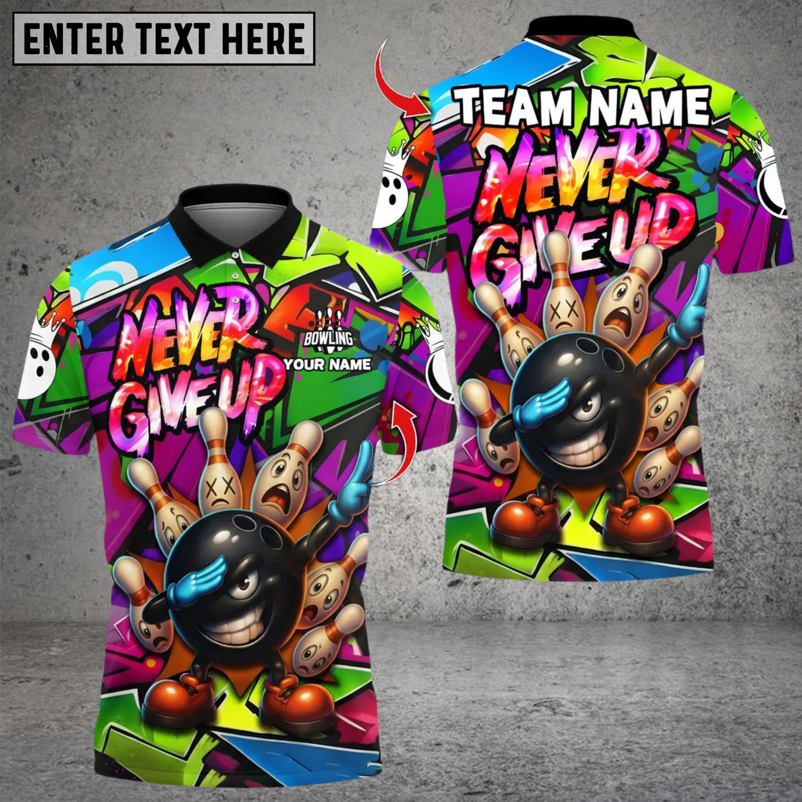 Blisscorners Bowling Funny Ball Never Give Up Multicolor Customized Name, Team Name 3D Shirts