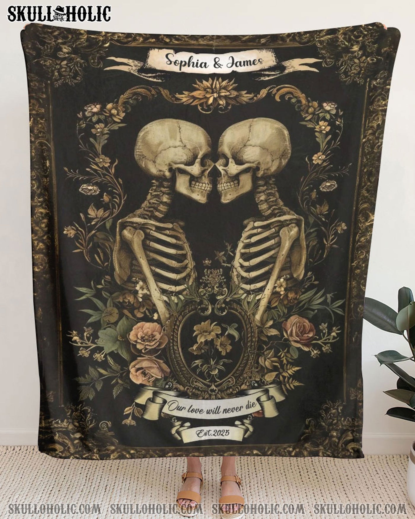 BLISSCORNERS PERSONALIZED SKELETON COUPLE VINTAGE FLEECE BLANKET