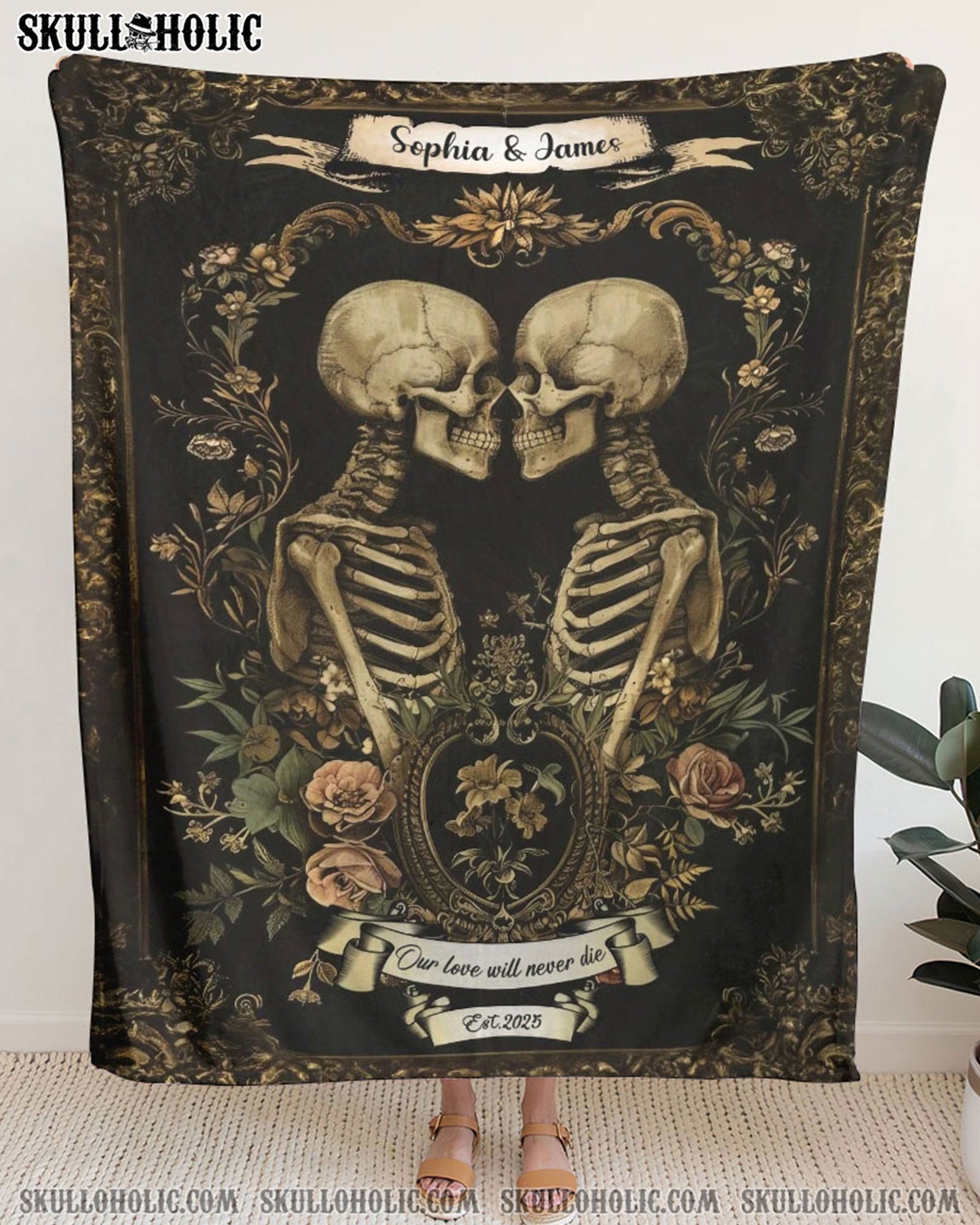 BLISSCORNERS PERSONALIZED SKELETON COUPLE VINTAGE FLEECE BLANKET