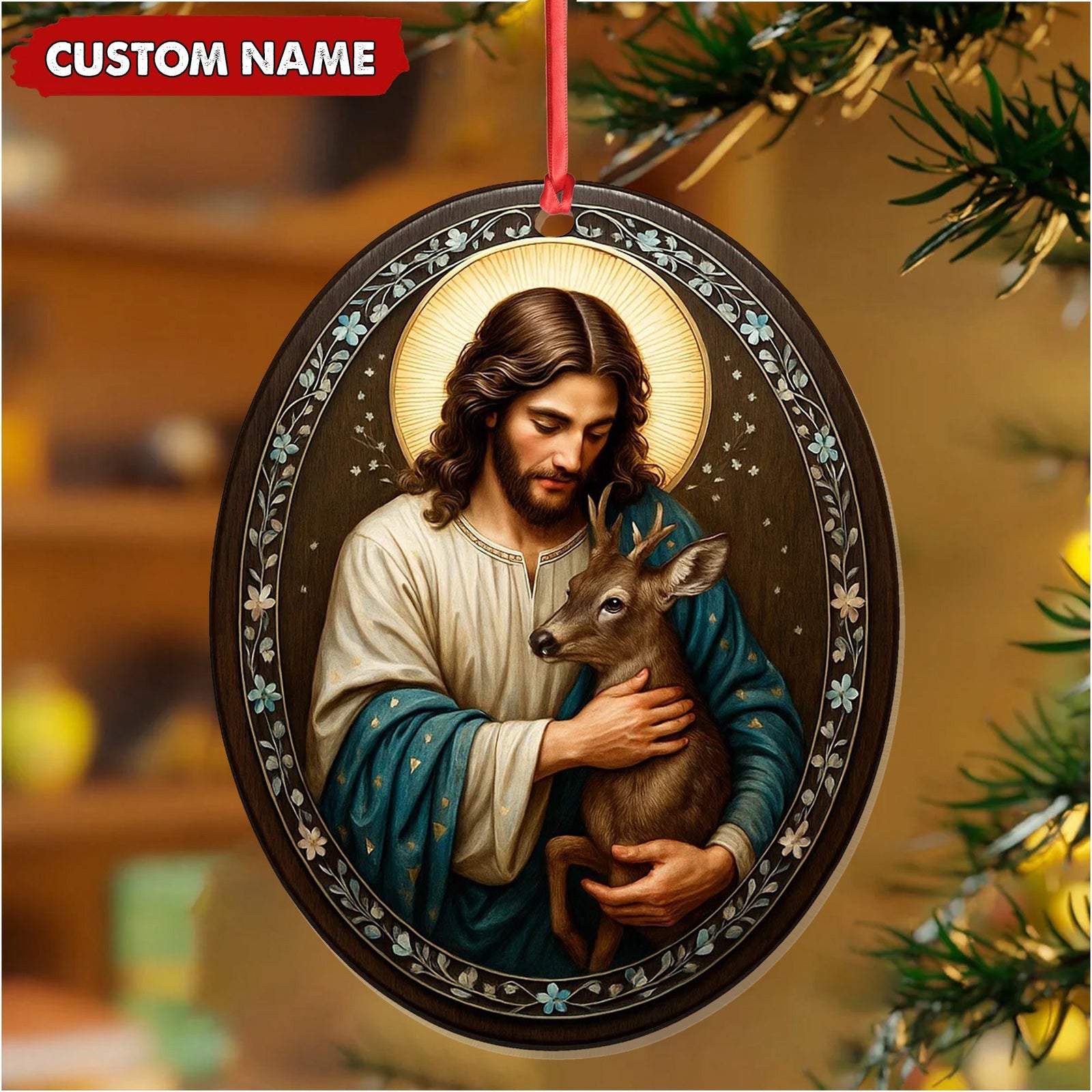 Blisscorners Custom Jesus Holding Deer Christmas Ornament, Personalized Name Christian Tree Decoration, Religious Woodland Gift for Faith Family MT2411
