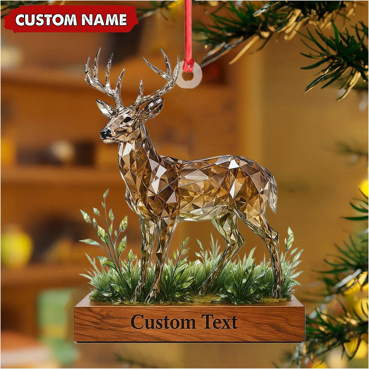 Blisscorners Personalized Geometric Deer Christmas Ornament, Custom Name Buck Hunter Gift, Crystal Style Woodland Holiday Decor MT2411