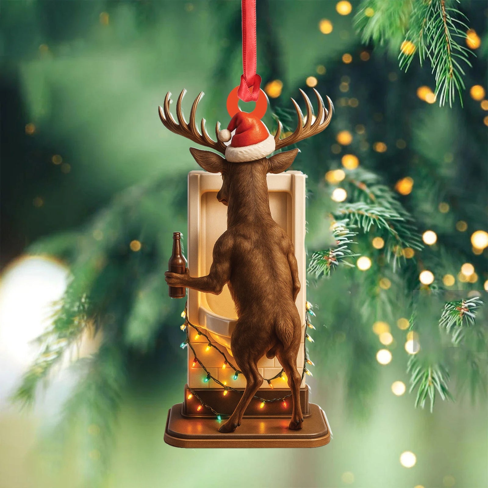 Blisscorners Personalized Acrylic Deer Christmas Ornament - Funny Buck with Santa Hat Drinking Beer by Urinal Holiday Decor LM0110