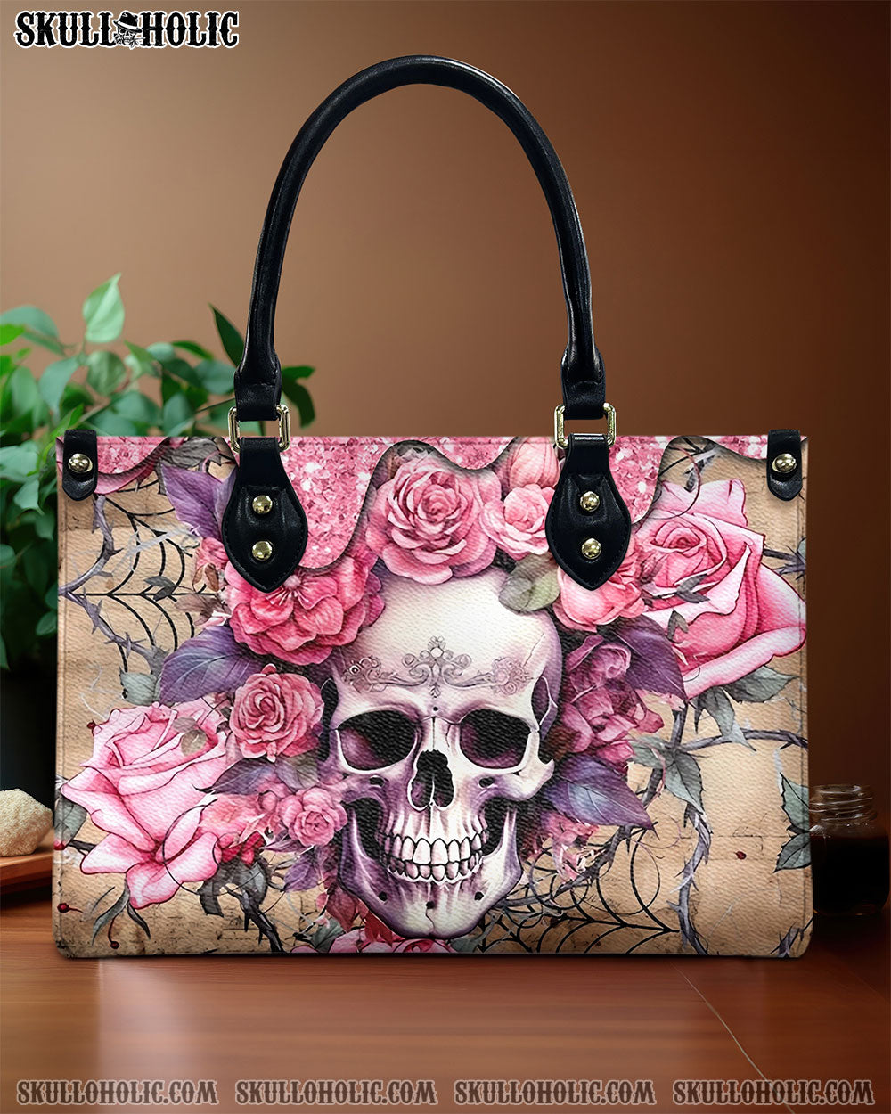 BLISSCORNERS PINK ROSE SKULL LEATHER HANDBAG