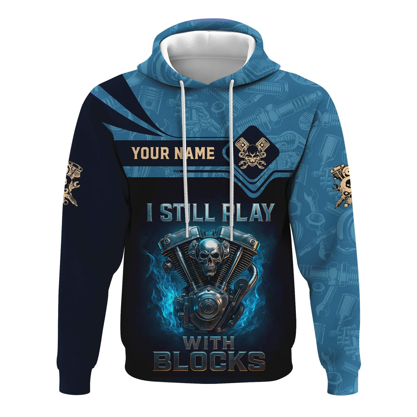 Blisscorners Personalized T-Shirt I Still Play With Blocks Flame Engine Skull Design Shirt for Mechanics