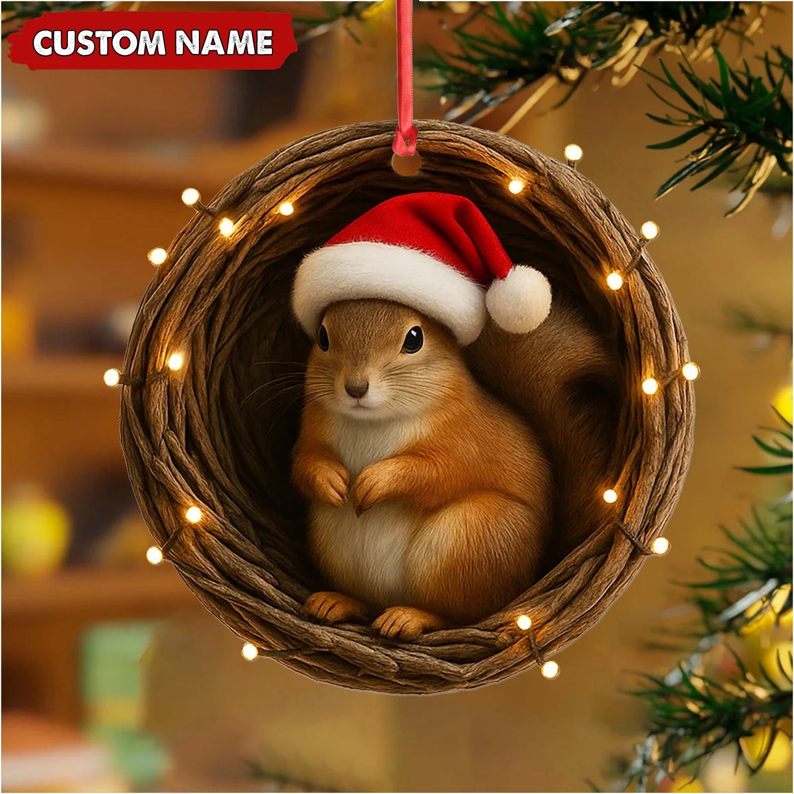 Blisscorners Personalized Squirrel Christmas Ornament, Custom Name Woodland Nest Santa Hat Decoration, Cute Holiday Tree Hanging Gift for Animal Lovers MT2411
