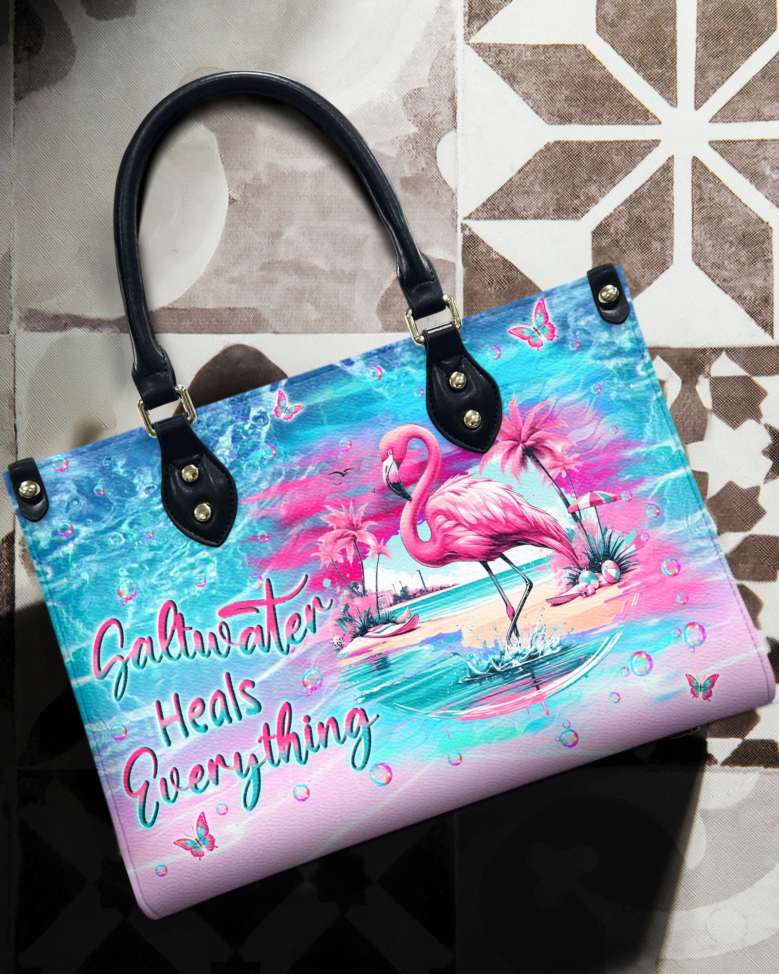 BLISSCORNERS SALTWATER HEALS EVERYTHING FLAMINGO LEATHER HANDBAG
