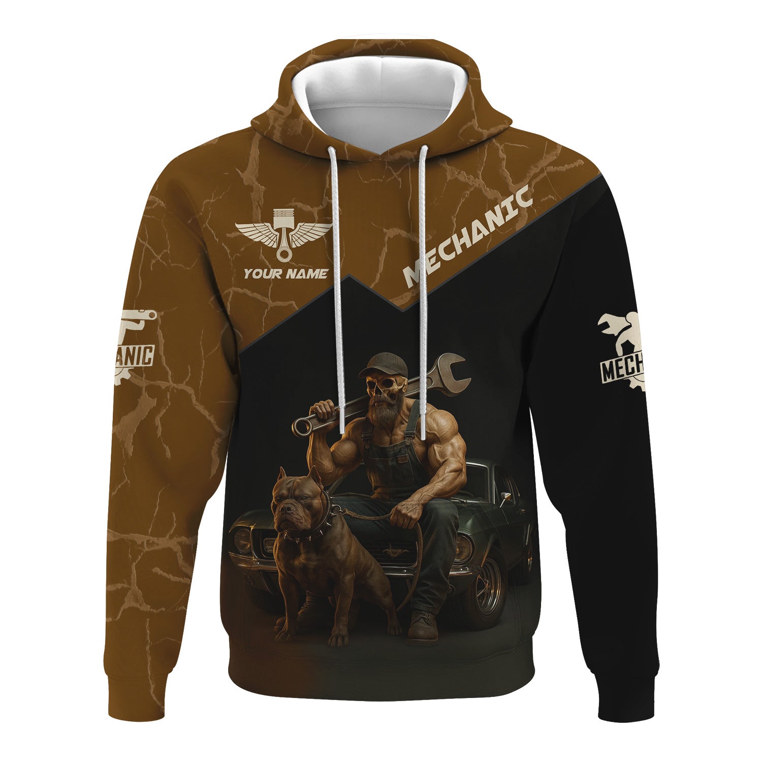 Blisscorners Personalized T-Shirt Don't Mess With Vintage Mechanics Skull with Dog and Classic Car Design Shirt For Mechanics