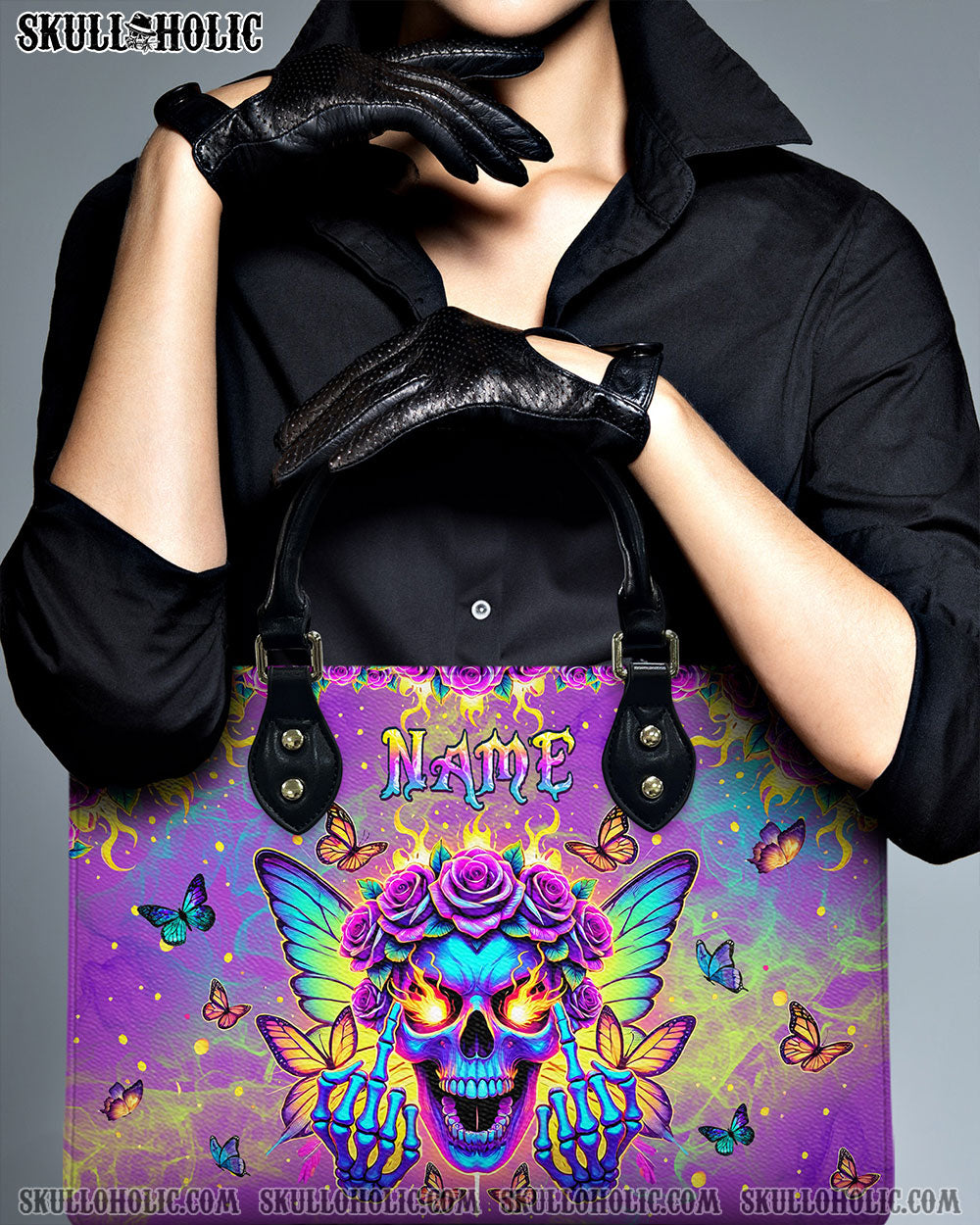 BLISSCORNERS SKULL BUTTERFLY ART LEATHER HANDBAG