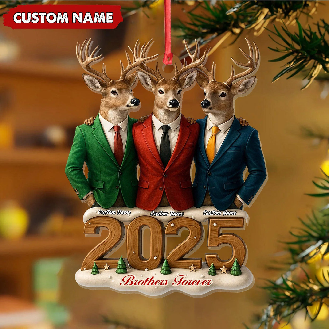 Blisscorners Personalized Brothers Forever 2025 Christmas Ornament, Custom Name Deer Trio in Suits, Funny Family Brother Gift Decor MT2411