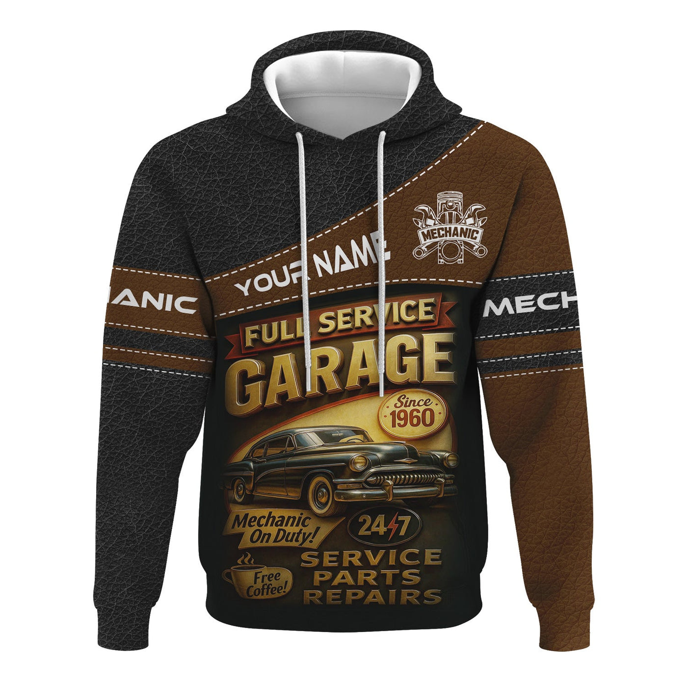 Blisscorners Personalized Mechanic Shirt, Full Service Garage Mechanic On Duty, Leather Printed Design, Custom Year, Gift For Men