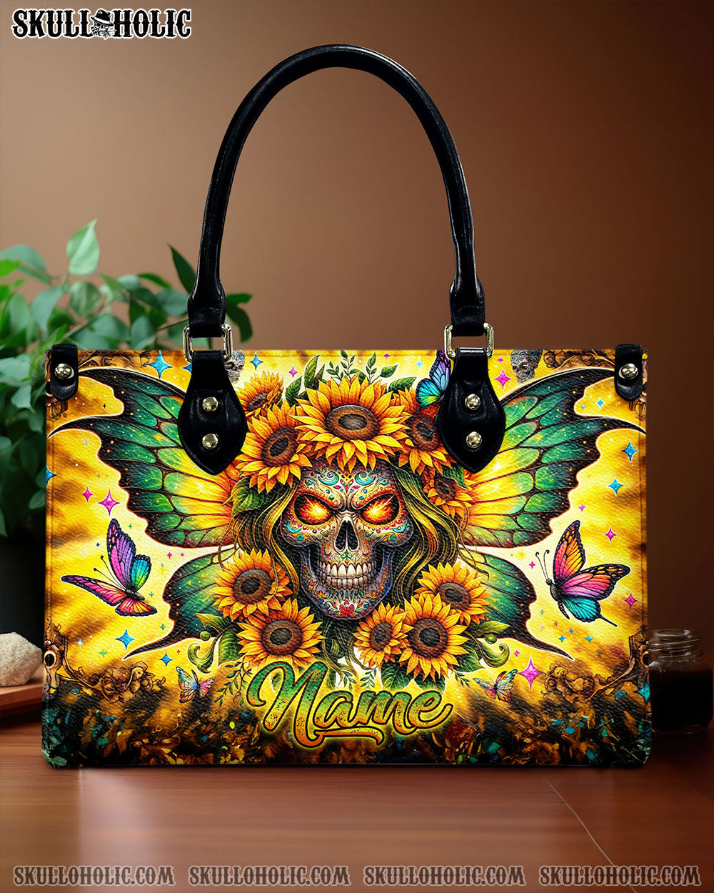 BLISSCORNERS SKULL SUNFLOWER WINGS LEATHER HANDBAG