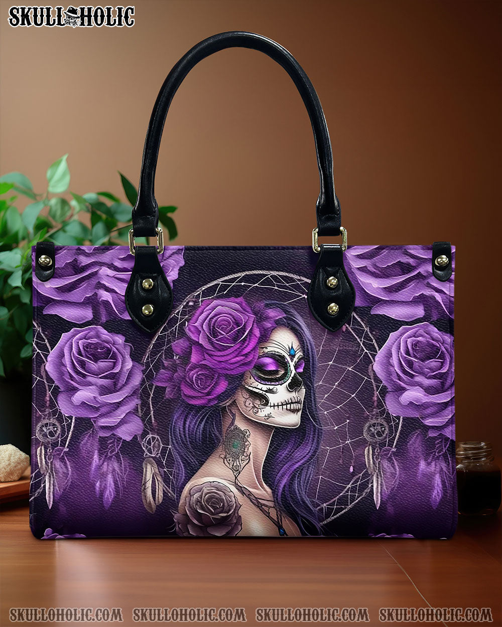 BLISSCORNERS SUGAR SKULL LADY PURPLE ROSE LEATHER HANDBAG