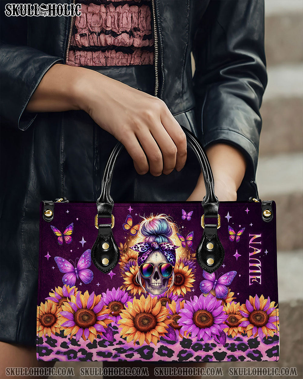 BLISSCORNERS SUNFLOWER LEOPARD MESSY BUN SKULL LEATHER HANDBAG