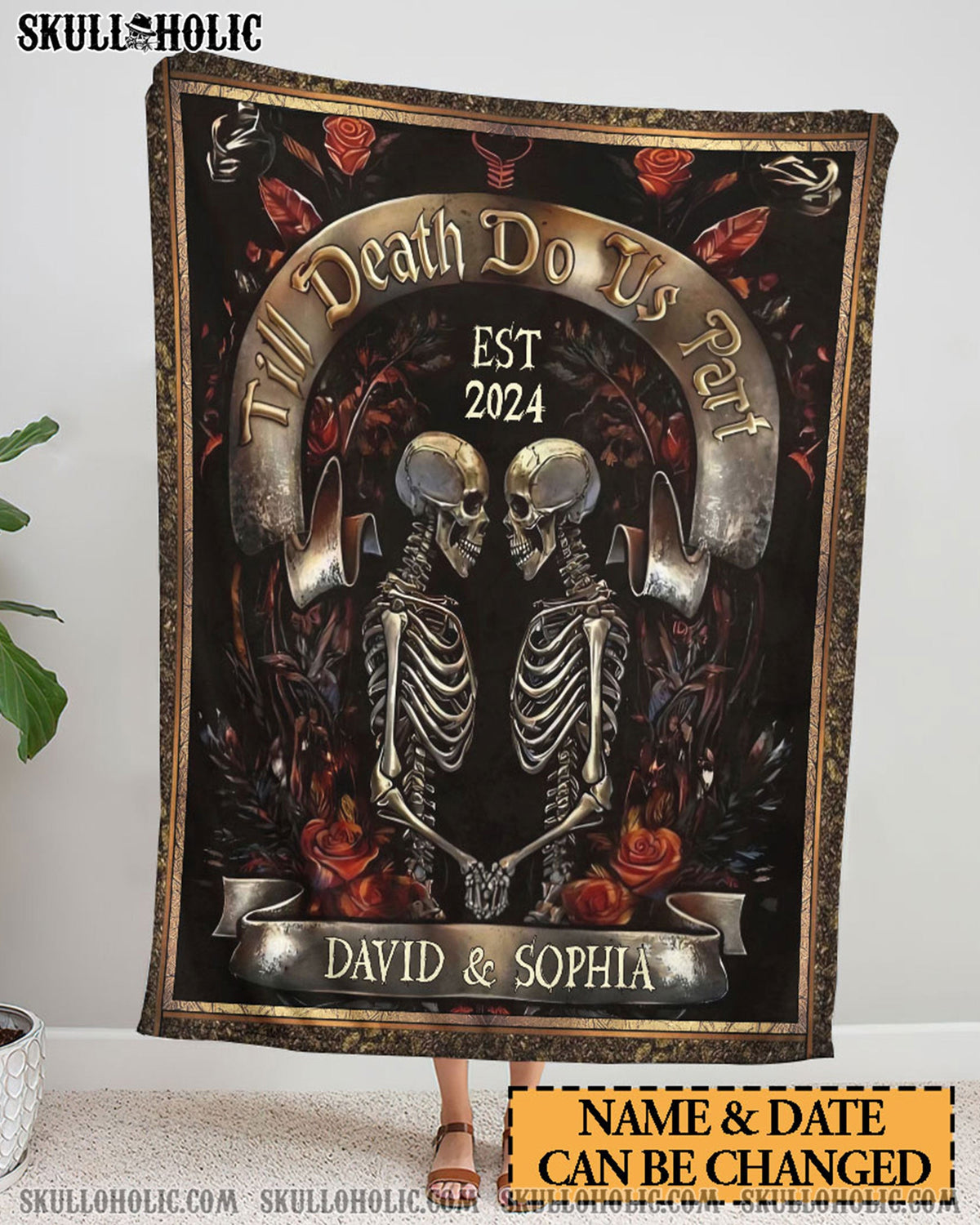 BLISSCORNERS PERSONALIZED TILL DEATH DO US PART SKULL COUPLE FLEECE BLANKET
