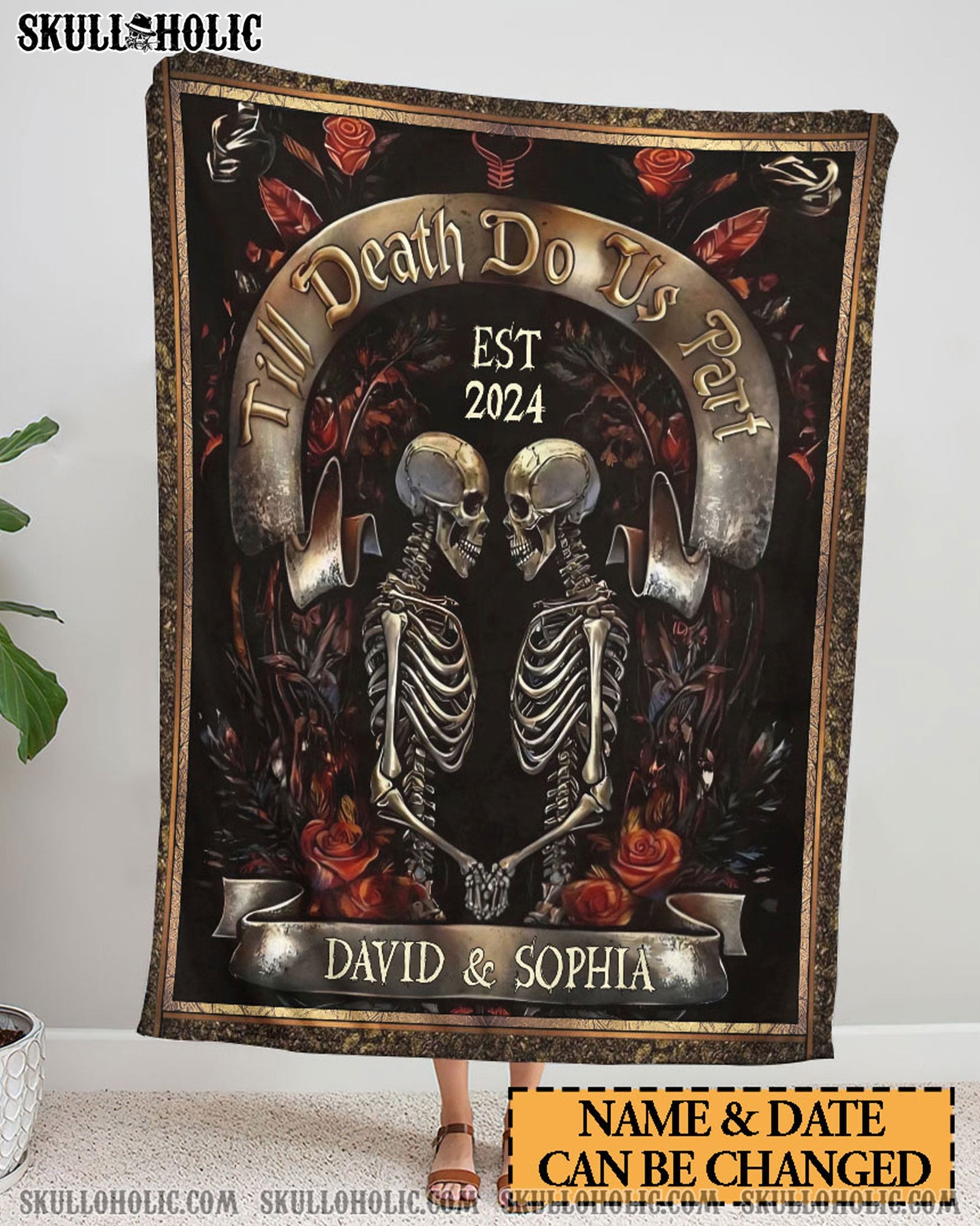 BLISSCORNERS PERSONALIZED TILL DEATH DO US PART SKULL COUPLE FLEECE BLANKET