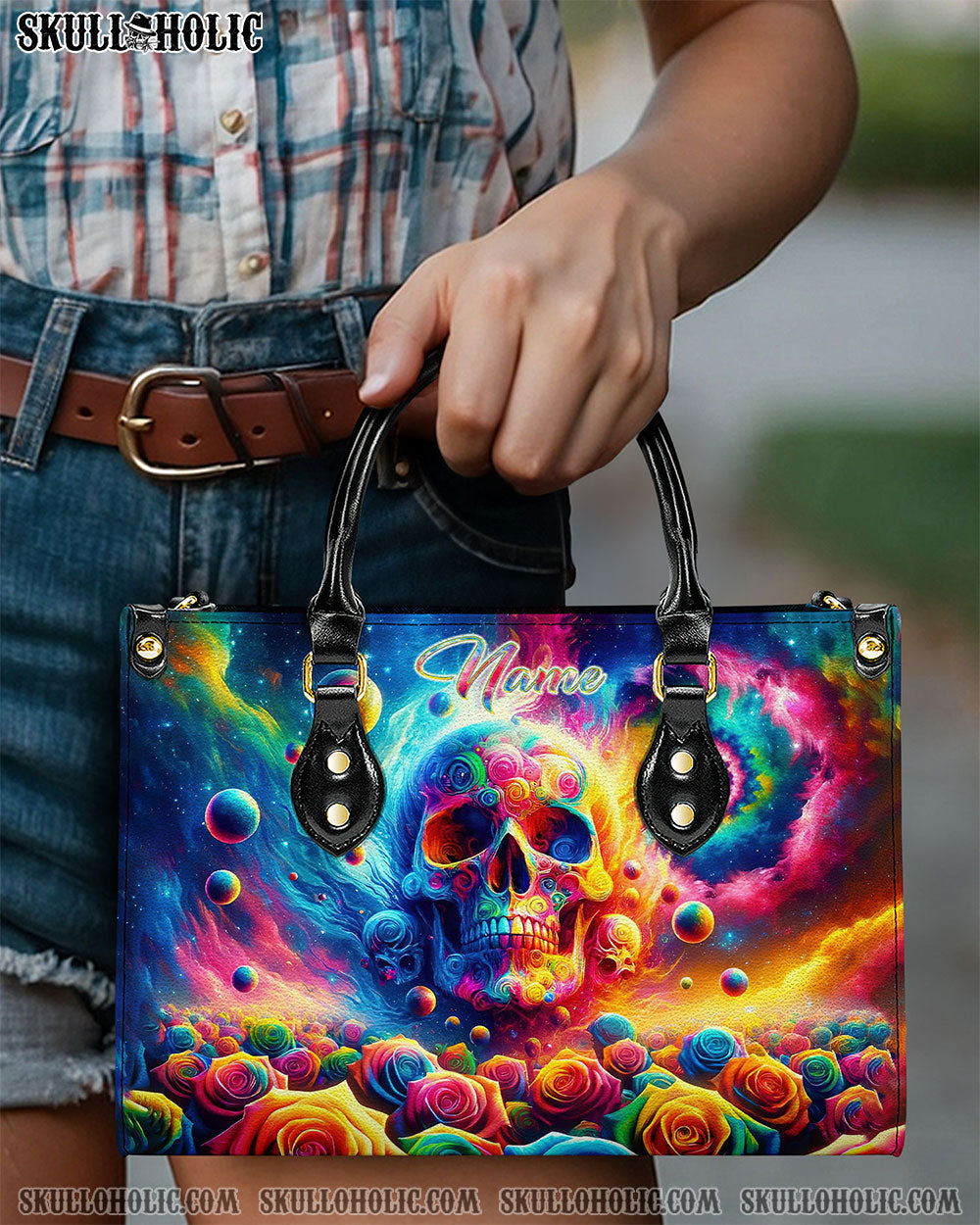 BLISSCORNERS COLORFUL SKULL ROSE LEATHER HANDBAG
