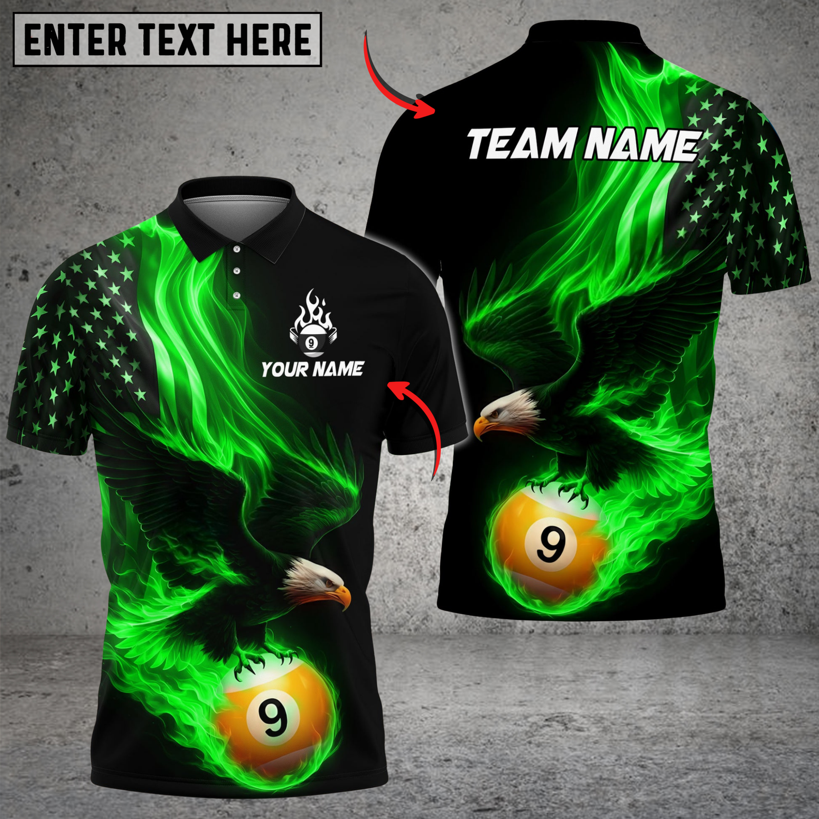 Blisscorners Billiards Ball 9 Eagle Flag Flame Personalized Name Shirt (4 Colors)