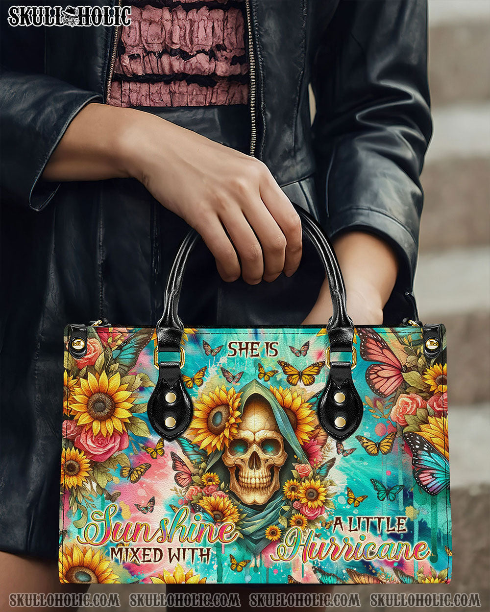 BLISSCORNERS SHE IS SUNSHINE SUNFLOWER REAPER TIE DYE LEATHER HANDBAG