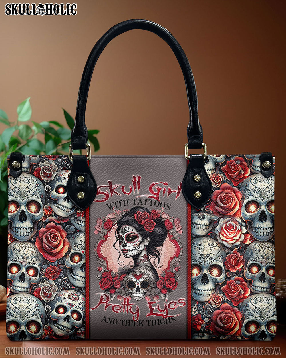 BLISSCORNERS SKULL GIRL WITH TATTOOS PRETTY EYES SUGAR SKULL LEOPARD LEATHER HANDBAG