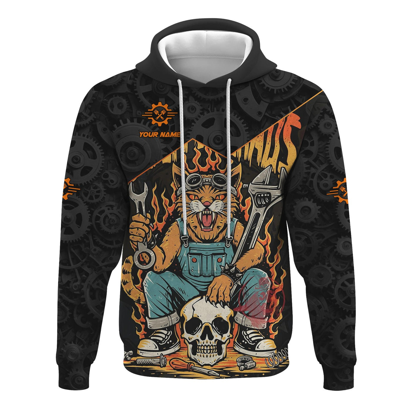 Blisscorners Personalized Mechanic Shirt Custom Name Funny Cat Skull Wrench Flames Auto Repair Garage Workwear Tee Car Repair Shirt Gift For Men Dad