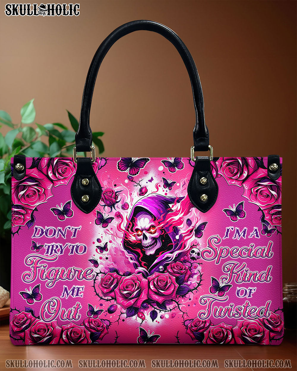 BLISSCORNERS DON'T TRY TO FIGURE ME OUT SKULL REAPER ROSE LEATHER HANDBAG
