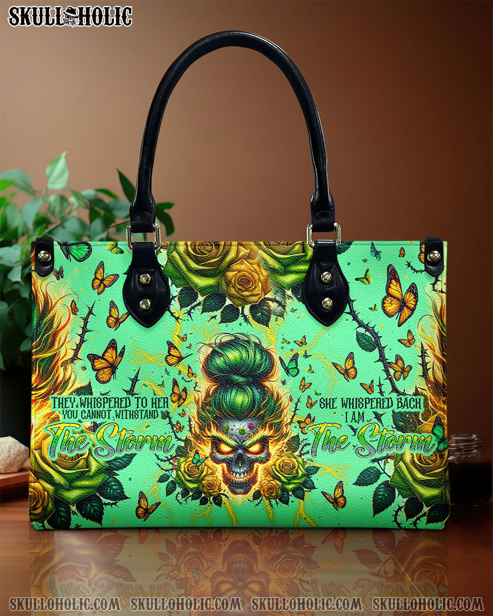 BLISSCORNERS I AM THE STORM SKULL MESSY BUN ROSE LEATHER HANDBAG