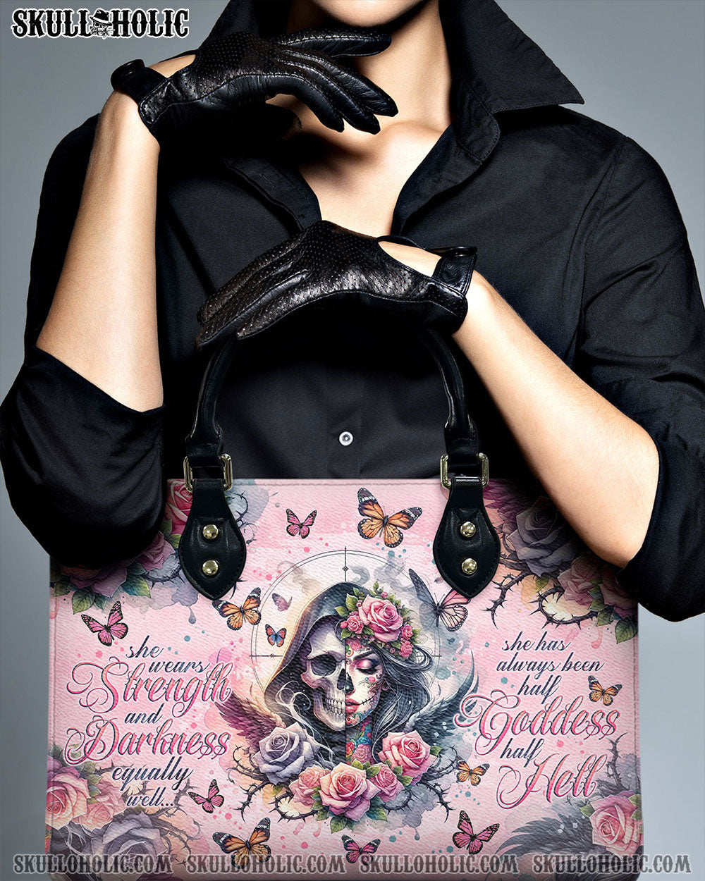 BLISSCORNERS SHE WEARS STRENGTH AND DARKNESS SKULL LEATHER HANDBAG