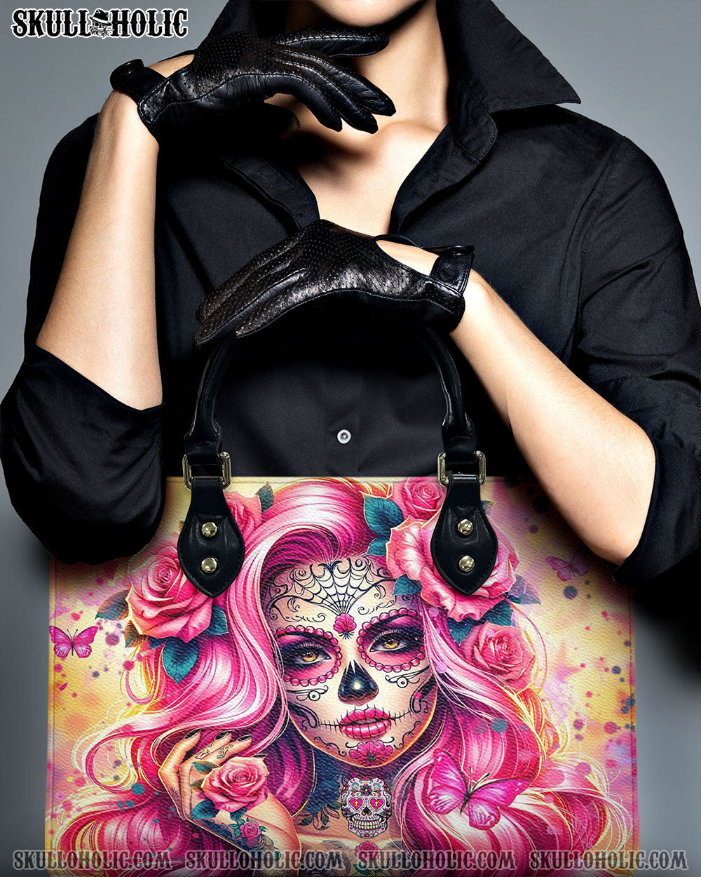 BLISSCORNERS SUGAR SKULL LADY ROSES LEATHER HANDBAG