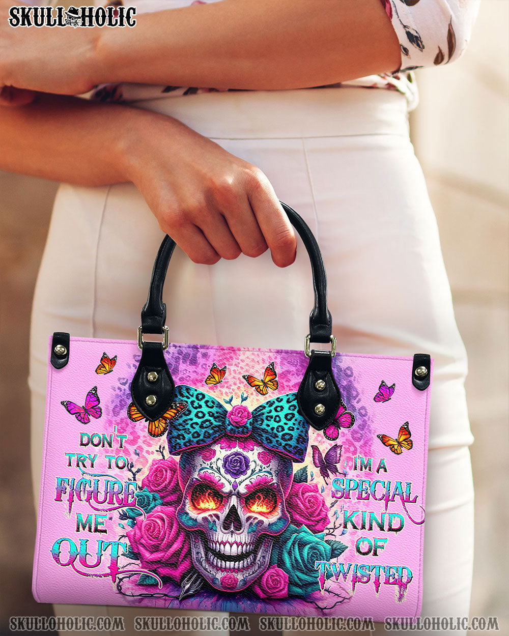 BLISSCORNERS DON'T TRY TO FIGURE ME OUT SUGAR SKULL LEOPARD LEATHER HANDBAG