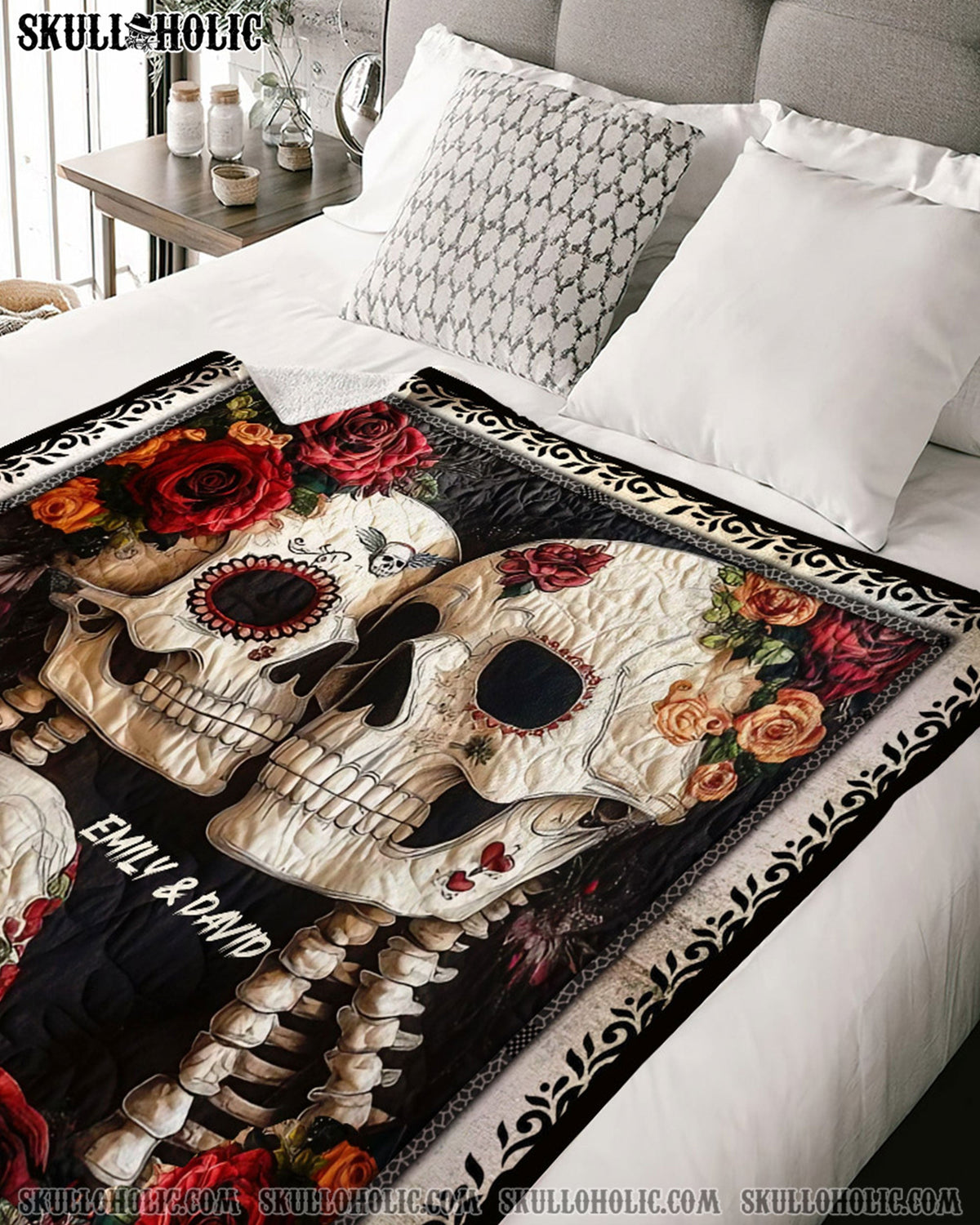 BLISSCORNERS PERSONALIZED SKULL COUPLE FLEECE BLANKET