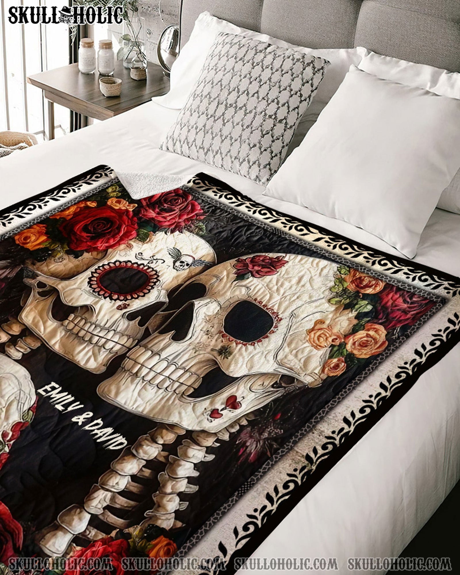 BLISSCORNERS PERSONALIZED SKULL COUPLE FLEECE BLANKET
