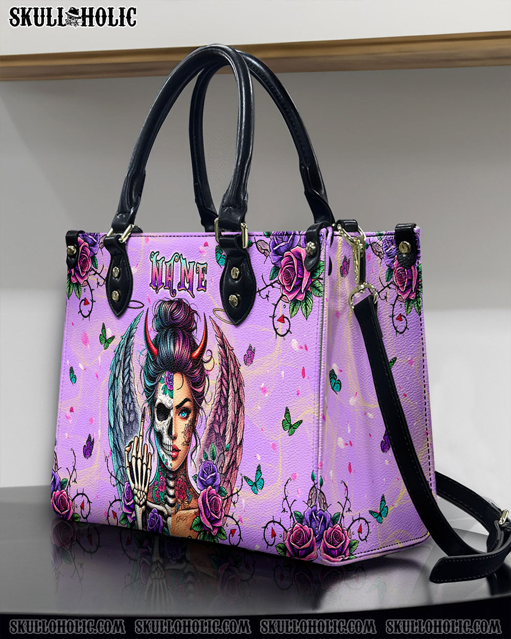 BLISSCORNERS SKULL LADY WITH WINGS SKULL LEATHER HANDBAG