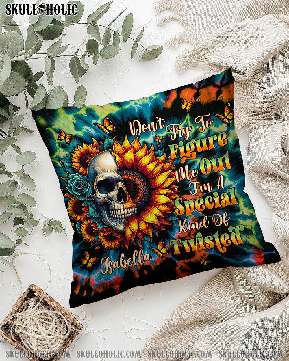 BLISSCORNERS PERSONALIZED DON'T TRY TO FIGURE ME OUT SKULL SUNFLOWER PILLOW