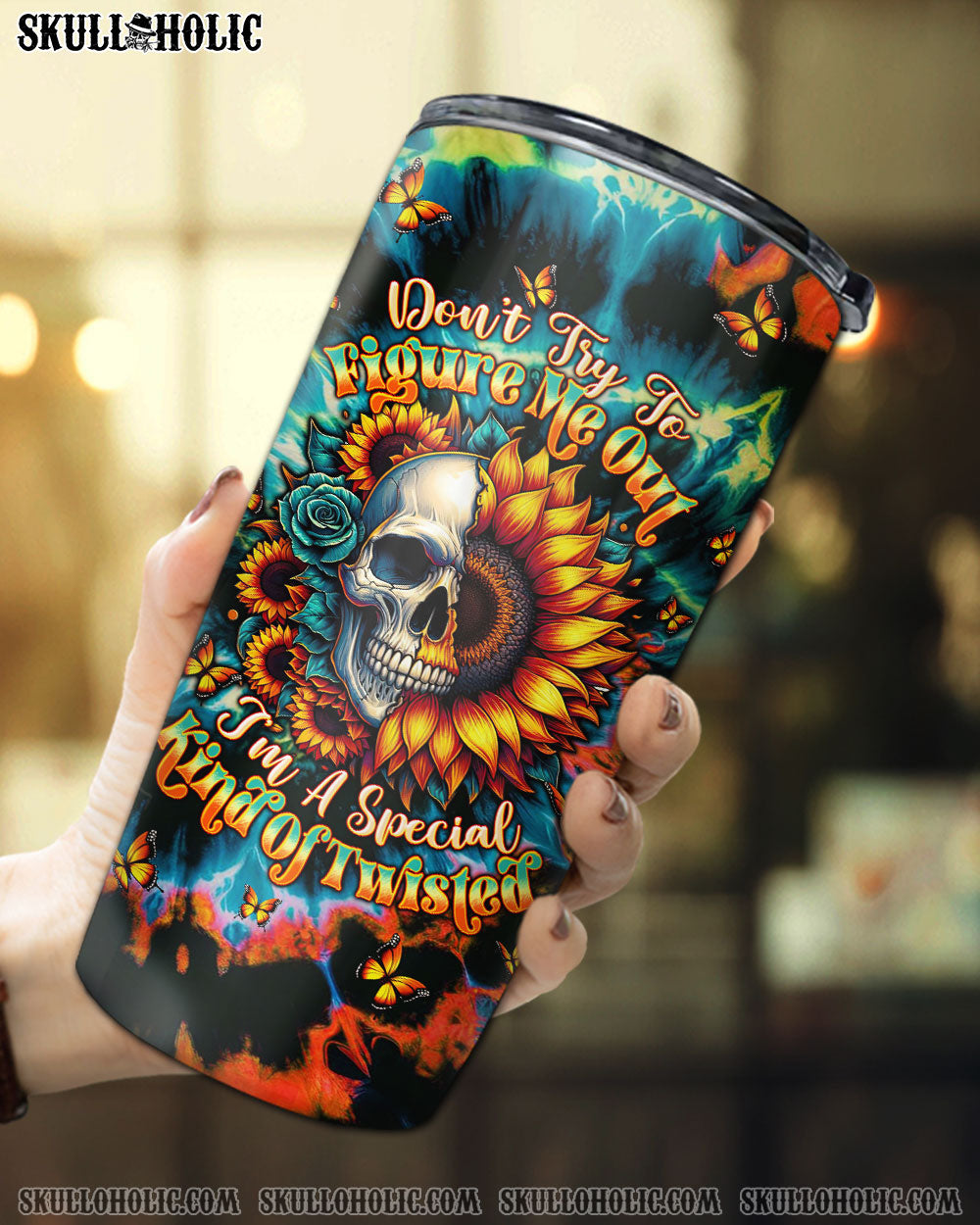 BLISSCORNERS DON'T TRY TO FIGURE ME OUT SKULL SUNFLOWER TUMBLER