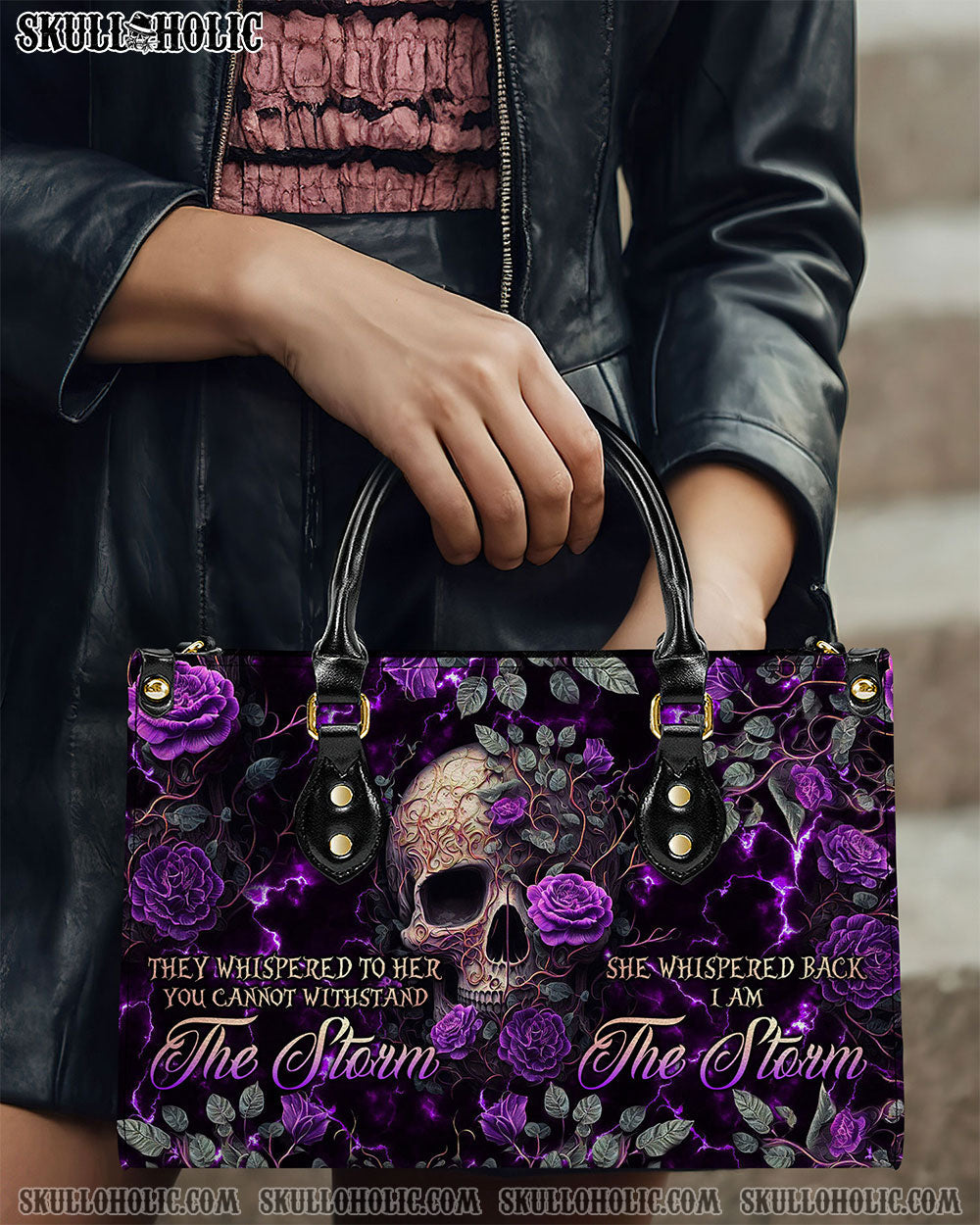 BLISSCORNERS I AM THE STORM ROSE SKULL LEATHER HANDBAG