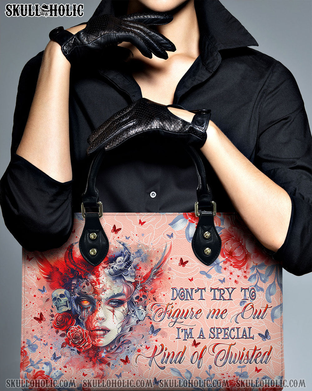 BLISSCORNERS DON'T TRY TO FIGURE ME OUT SKULL LADY LEATHER HANDBAG