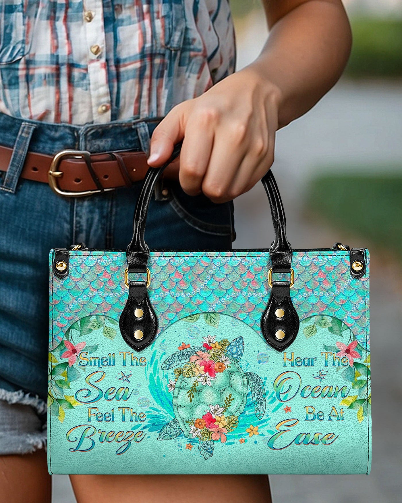 BLISSCORNERS SMELL THE SEA FEEL THE BREEZE TURTLE LEATHER HANDBAG