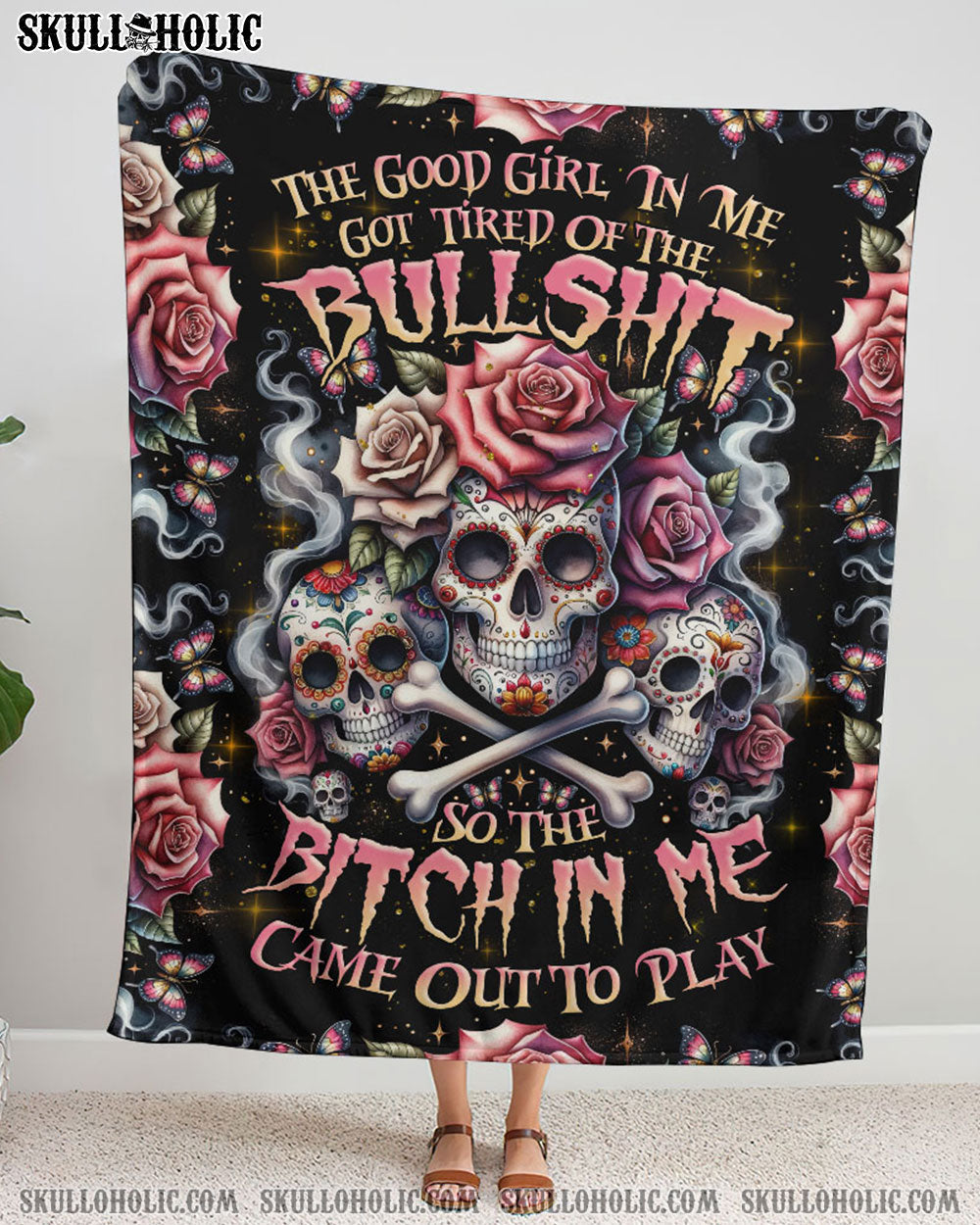 BLISSCORNERS THE GOOD GIRL IN ME BONES SUGAR SKULL WOVEN AND FLEECE BLANKET
