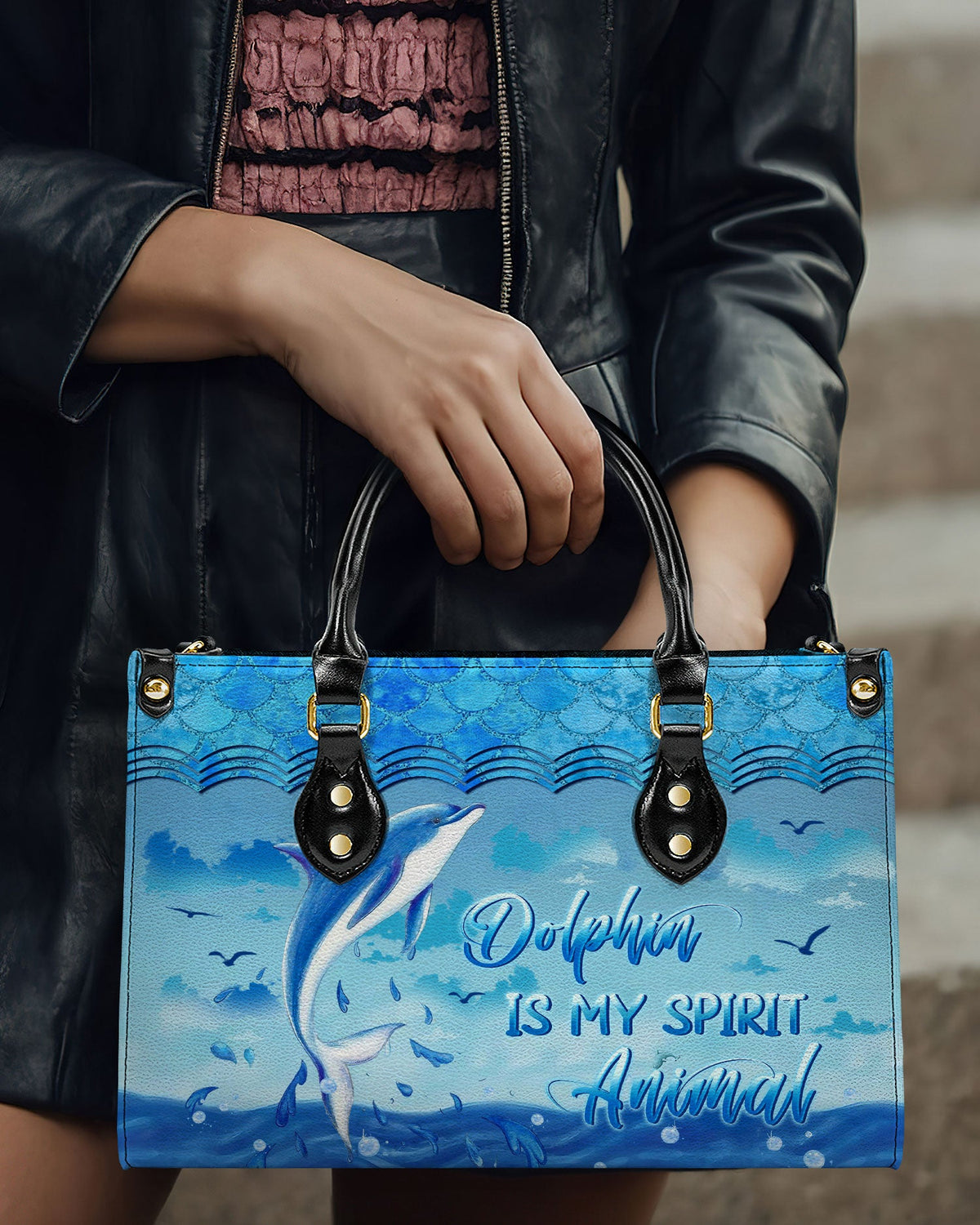 BLISSCORNERS DOLPHIN IS MY SPIRIT ANIMAL LEATHER HANDBAG