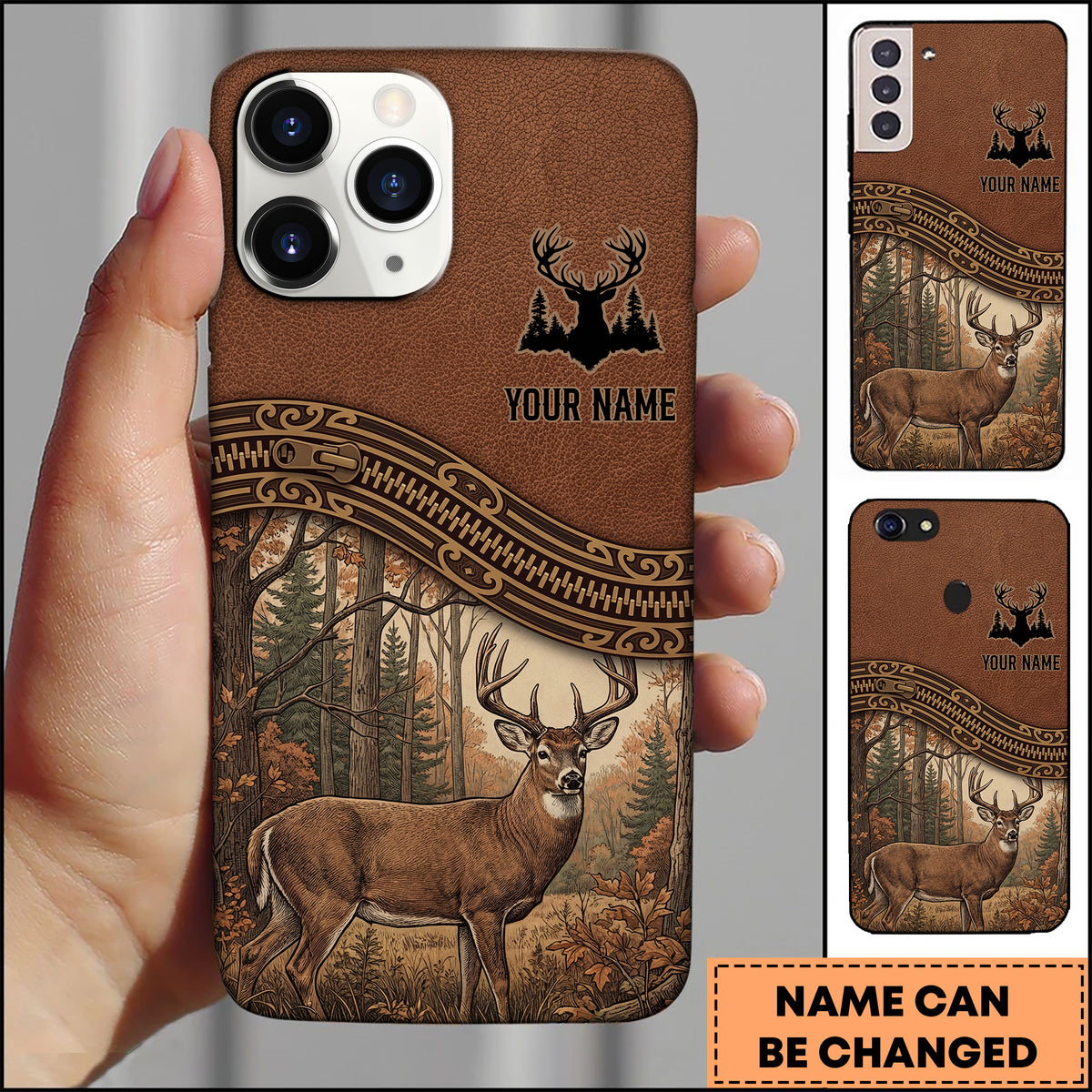 Blisscorners Artist Hunting Deer Zipper Leather Brown Forest Scene Personalized Name Phone Case