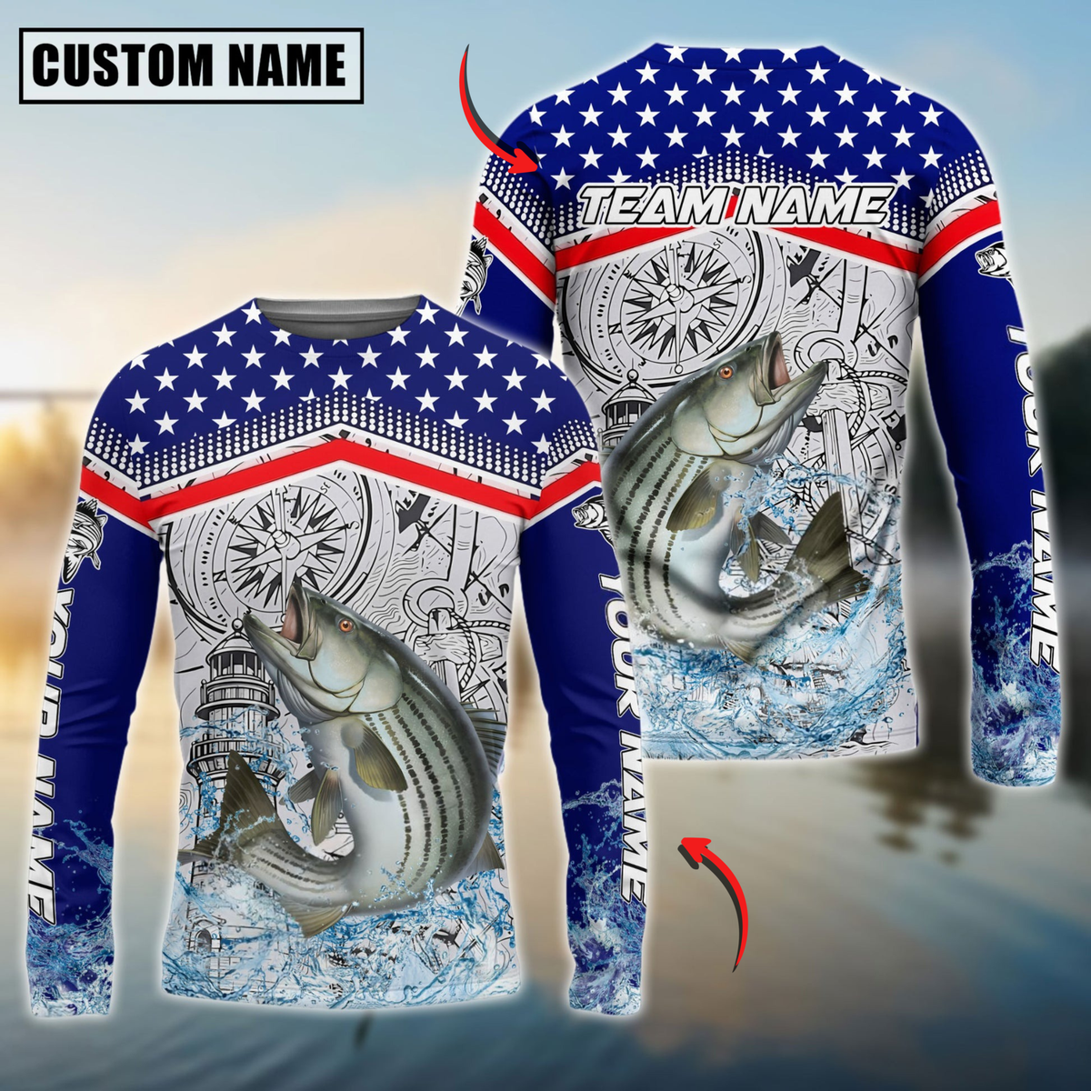 Blisscorners Striped Bass Fishing American Anchor Compass Lighthouse Graphic Custom Name & Team Name 3D Shirts